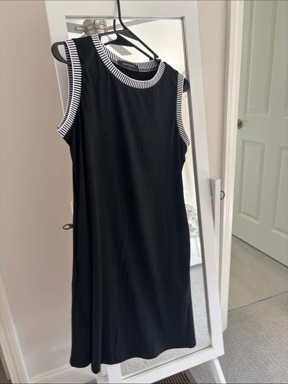 Classic Black Mini Dress with White Stripe Trim